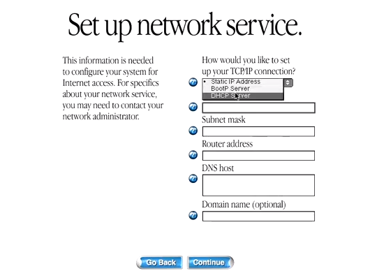 Mac OS 9 Setup: Set up network service (1999)